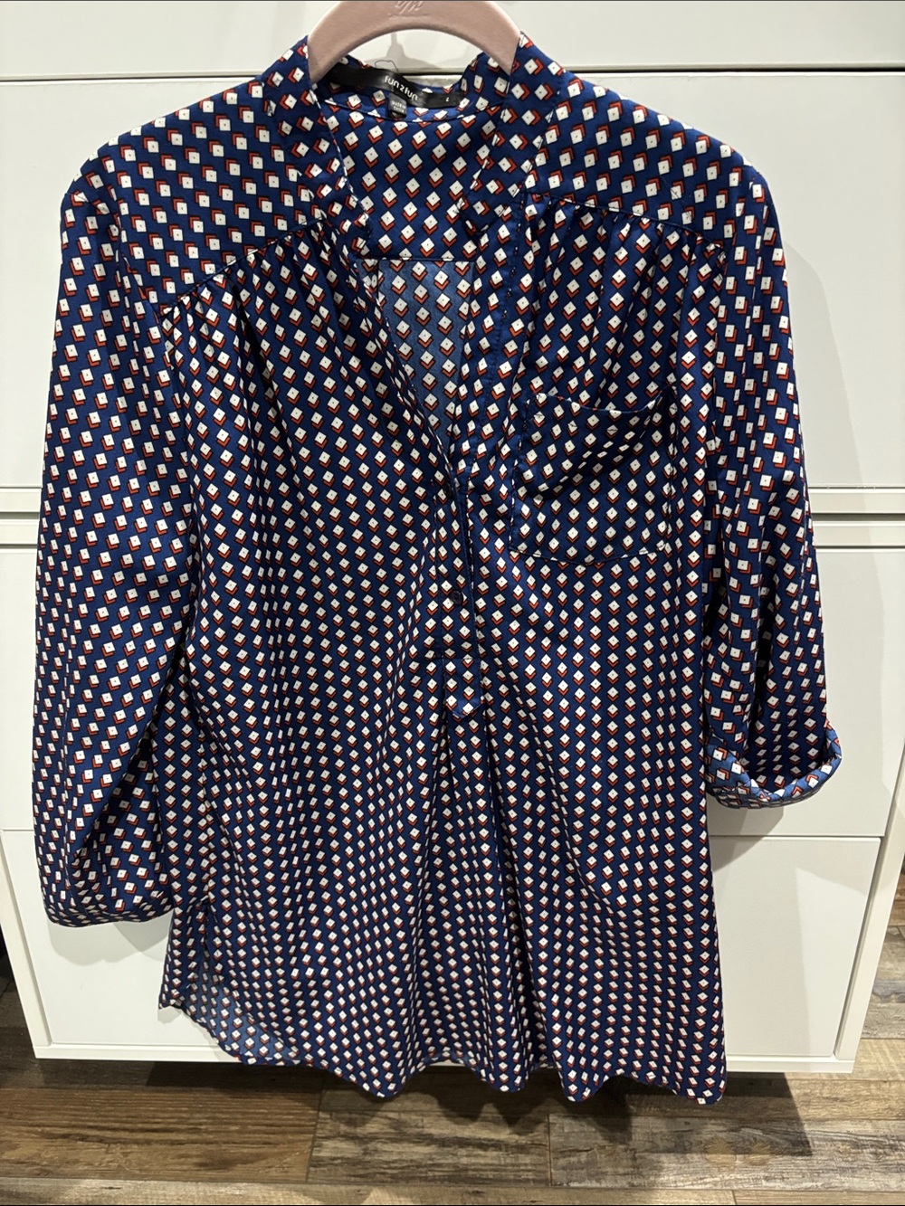 fun 2 fun Navy Geometric Print Blouse with White and Red Accents